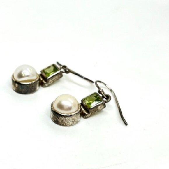 VINTAGE STERLING 925 PEARL GREEN STONES EARRINGS SIGNED NF THAILAND MODERNIST - Picture 9 of 12